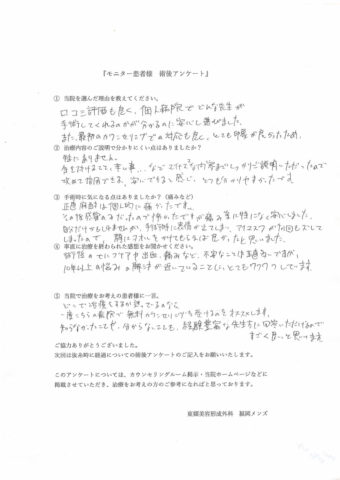 手術当日術後のアンケート
